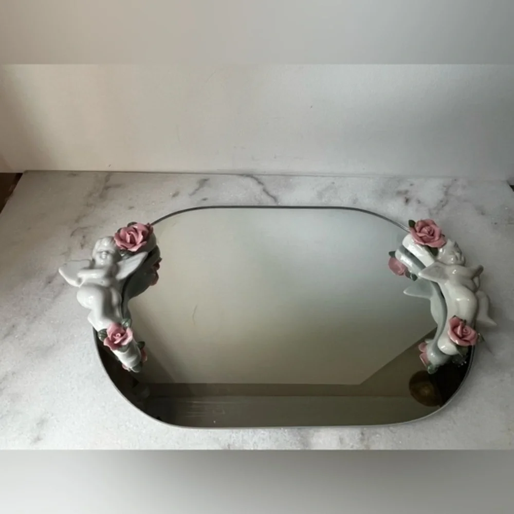 Decorative Mirror vanity tray with Pink Floral and cherubs Accents